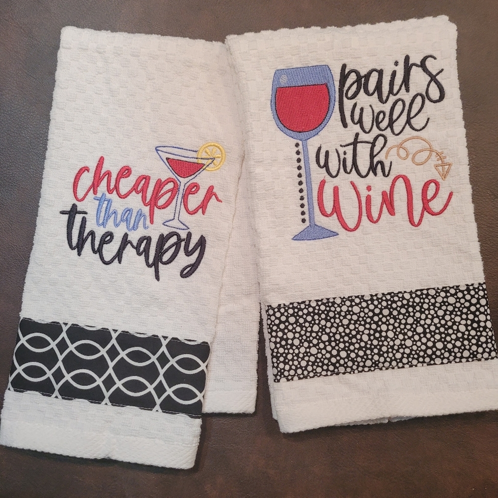 Kitchen Towel Set. Wine Lover embroidery towels. Tea towels